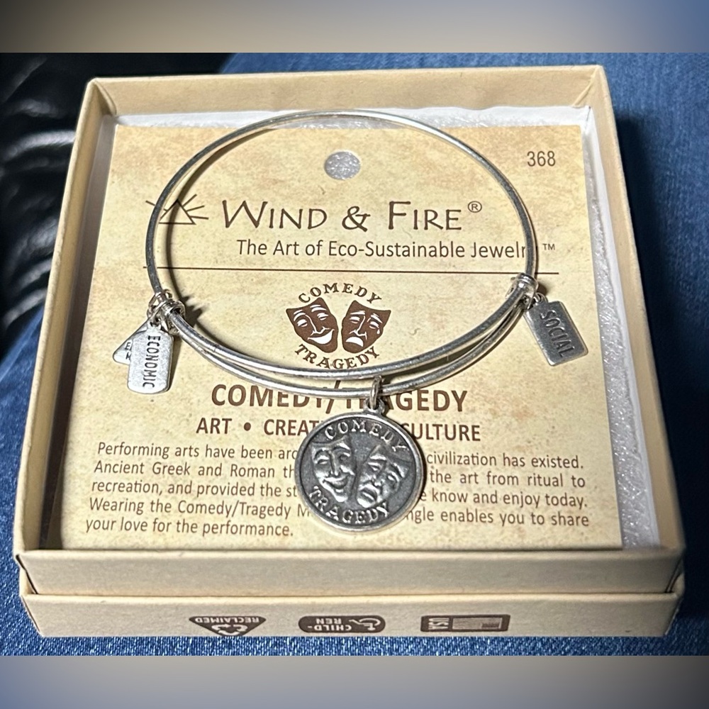 NEW Wind & Fire Comedy/Tragedy Silver Finish Charm Bangle. Eco Sustainable